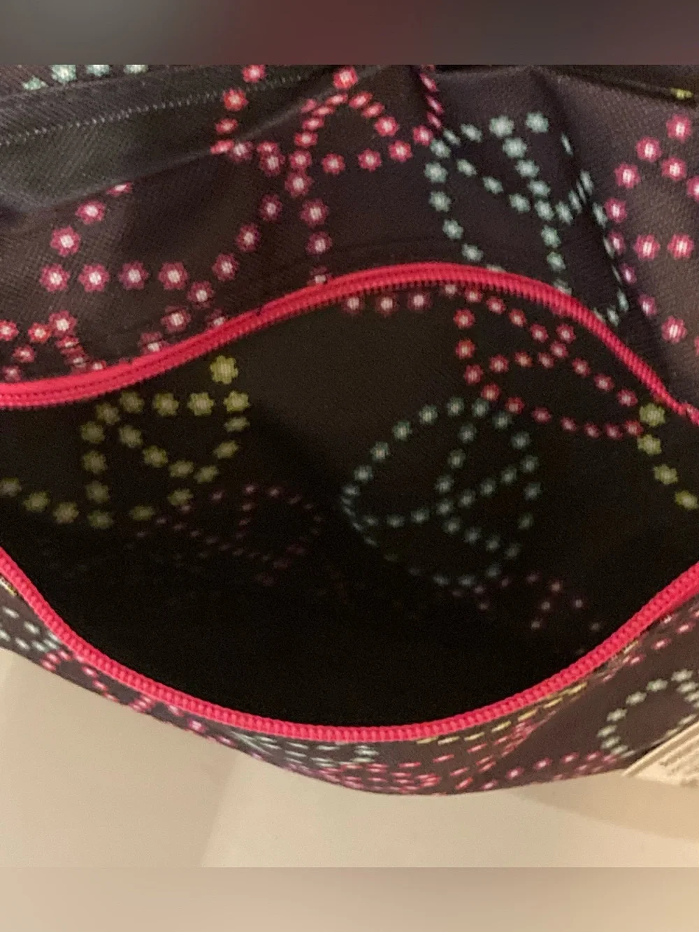 Black Peace Sign Floral Print Backpack with Pink Accents